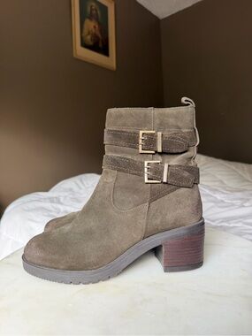 Suede Double-Buckle Ankle Boots - Olive Taupe